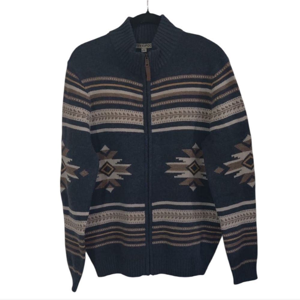 NWT Frye Navy and Tan Patterned Zip-Up Sweater Size M - Picture 3 of 7